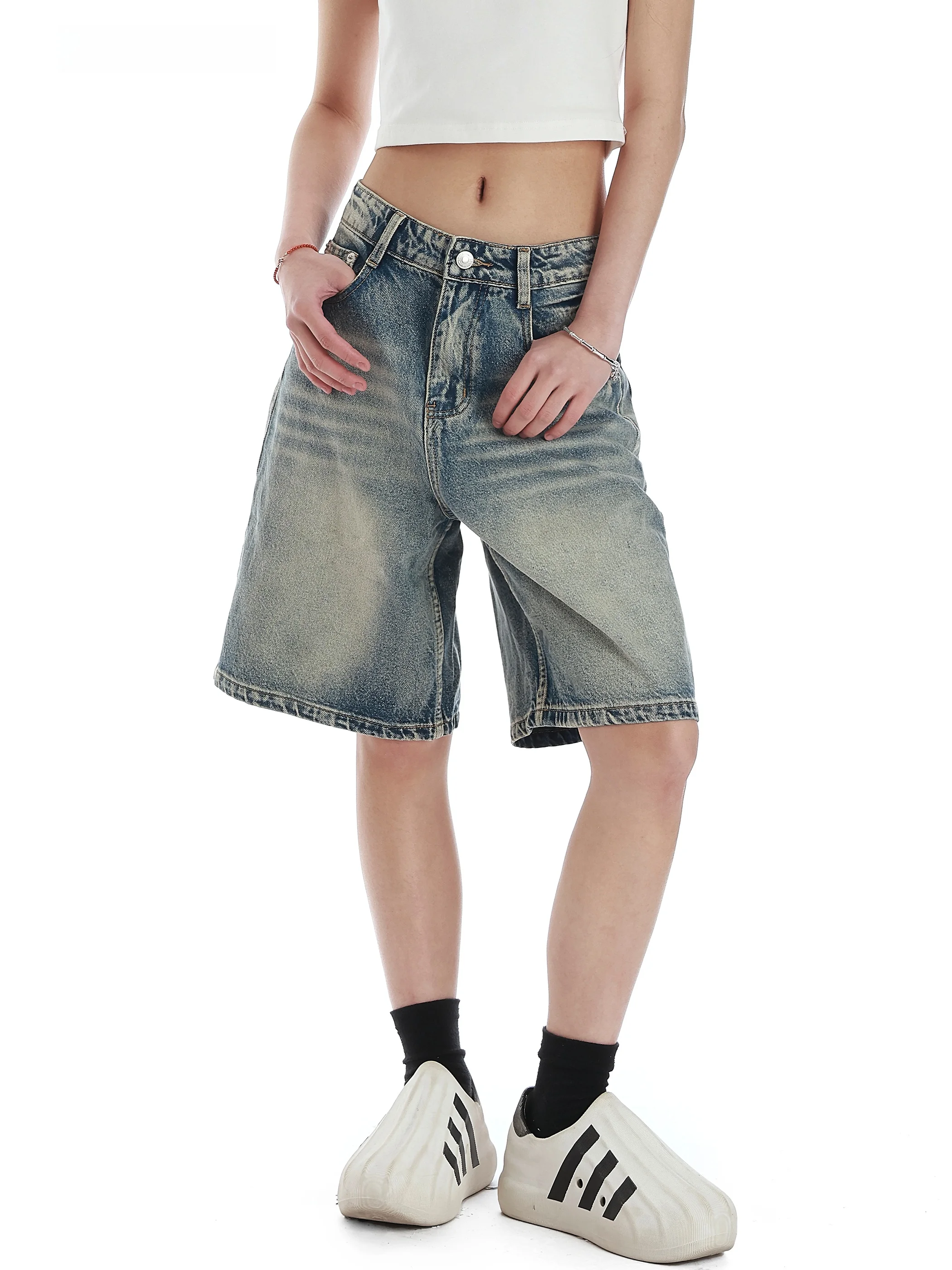 

Vintage Washed Short Straight Leg Jeans Shorts Unisex Casual Wide Leg Short Pants Blue Natural Waist Medium Hardness Spring S...