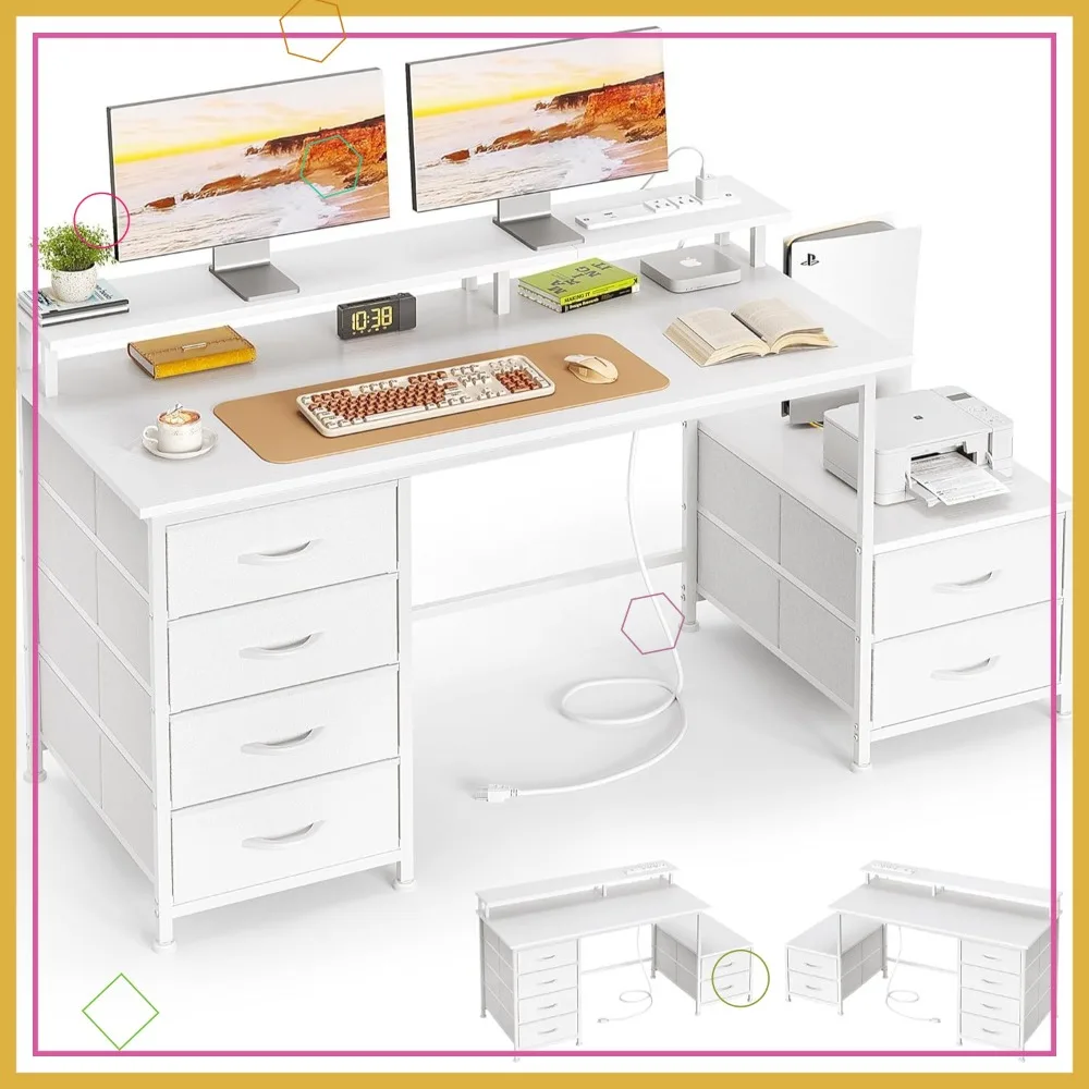 

52-дюймовый офисный стол с 6 ящиками, местом для принтера, подставкой для монитора и розетками, белый компьютерный стол для дома