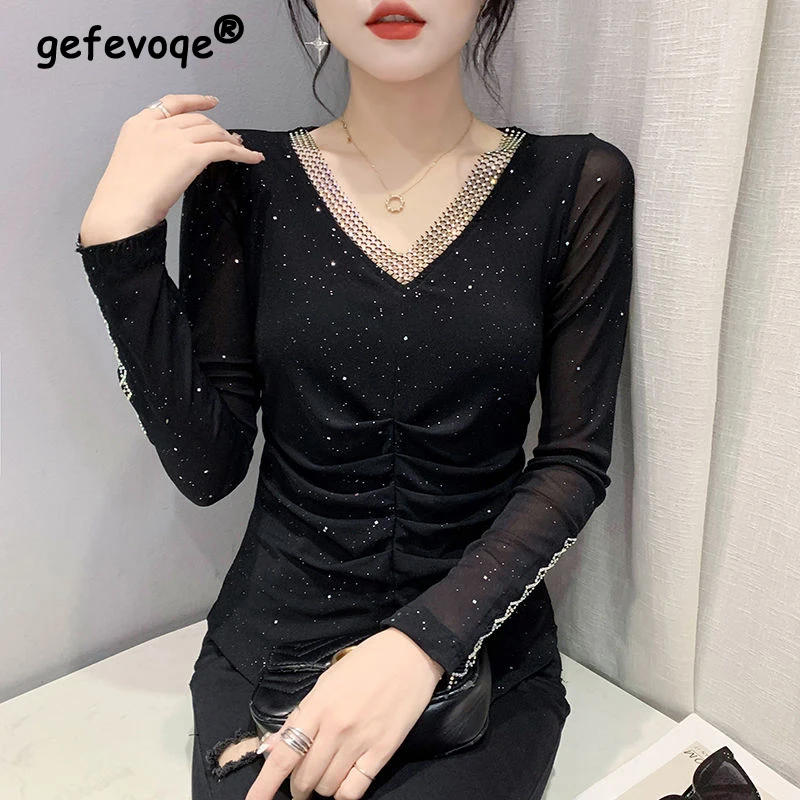 Spring Autumn Fashion Sequins Ruched Sexy V-Neck Hollow Mesh Rhinestone Slim Basic T Shirt Women Elegant Long Sleeve Ladies Tops