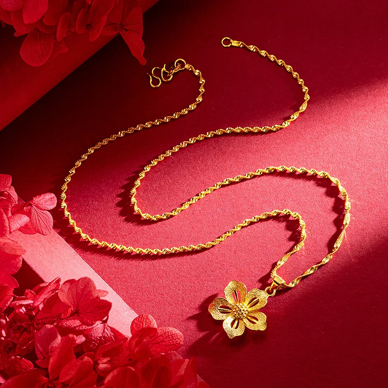 9999 24K real gold flower pendant ethnic style plum blossom collarbone chain retro flower necklace