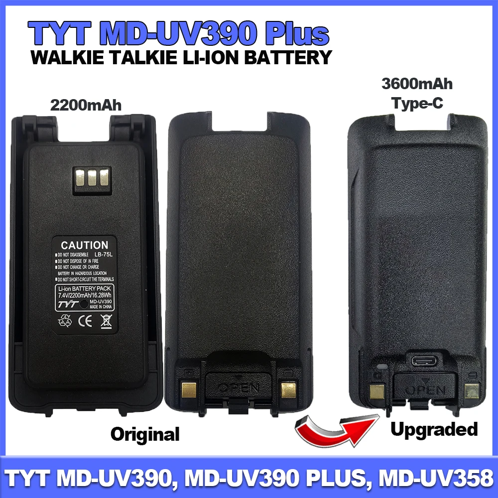 TYT MD-UV390 Plus Walkie Talkie Akumulator litowo-jonowy 2200/3600 mAh Kompatybilny z radiotelefonami dwukierunkowymi MD-UV390 MD-UV358