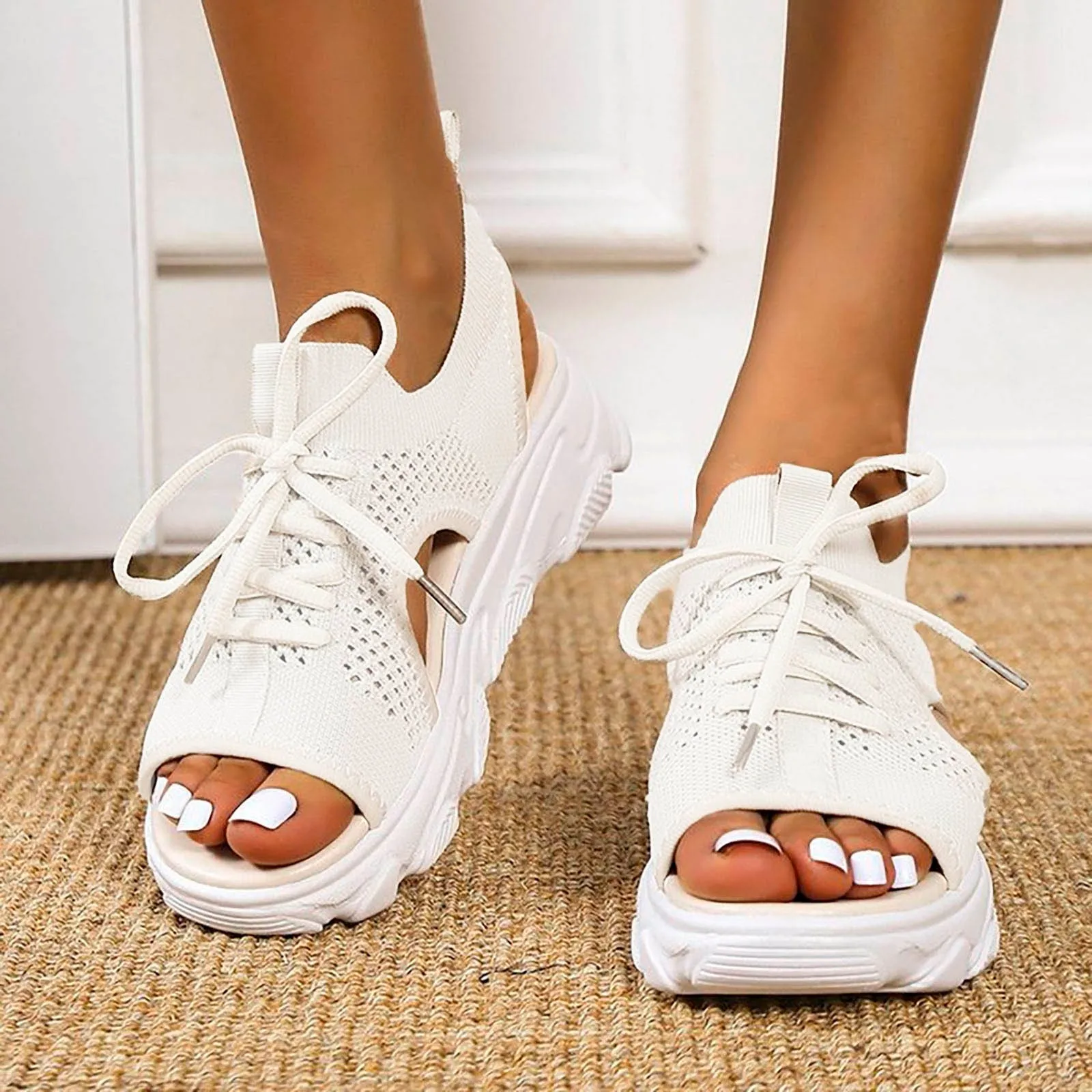 Women Sandals On Offer Summer Women Sandals Mesh Casual White Thick Soled Lace Up Sandals Open Toe Beach Women\'S Summer Footwear