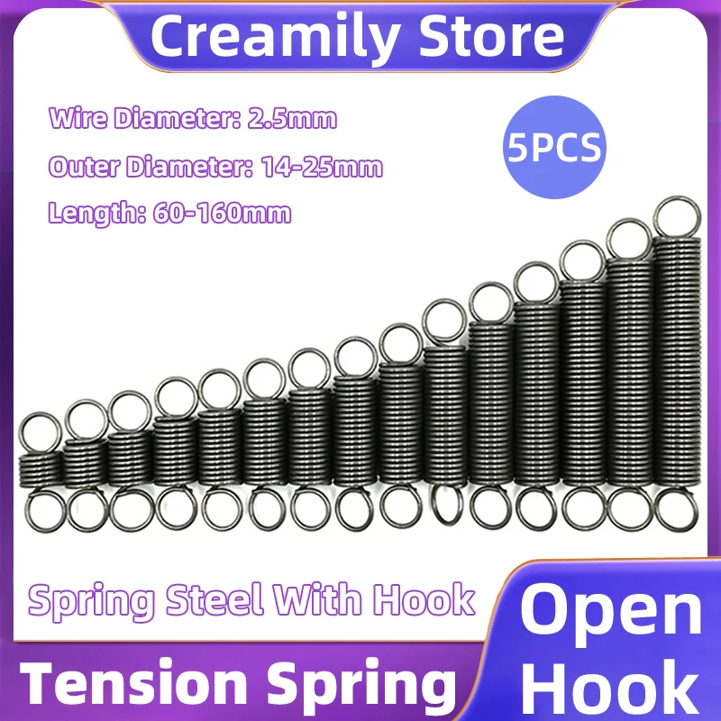 

Creamily 5Pcs Wire Diameter 2.5MM Spring Steel Tension Spring Closed Hook Cylindroid Helical Pullback Extension Coil