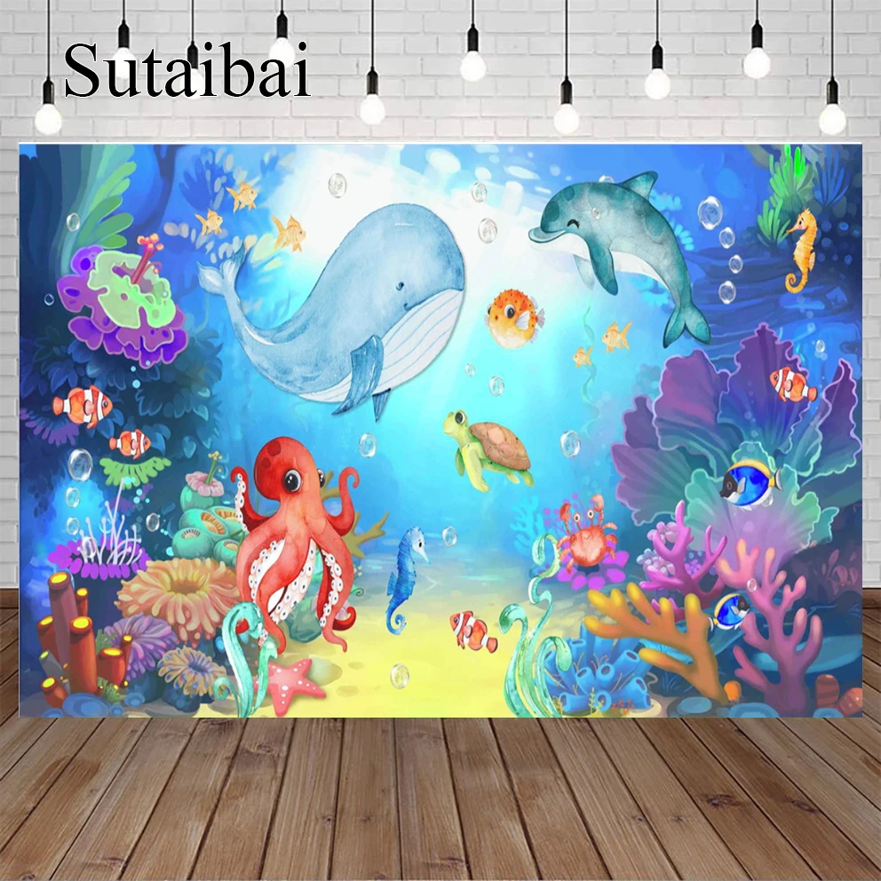 

Under The Sea Backdrop Cartoon Underwater World Tropical Coral Reef Algae Turtles Kid Baby Shower Photography Background