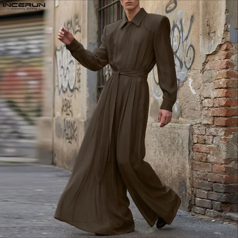 

Мужской комбинезон INCERUN: однотонный, с отложным воротником, длинными рукавами, на молнии, повседневный, с поясом, уличный стиль, свободный крой, модный, 2026