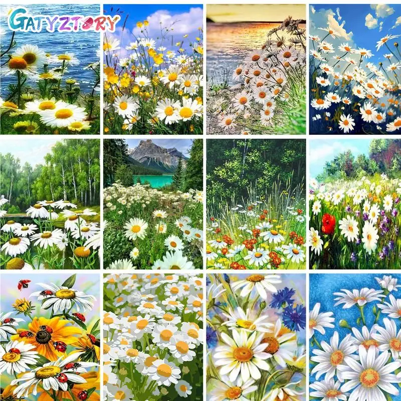 

GATYZTORY Acrylic Painting By Numbers Handmade Canvas Painting Daisy Flower Sea Number Painting For Adults DIY Gift On Canvas Ar