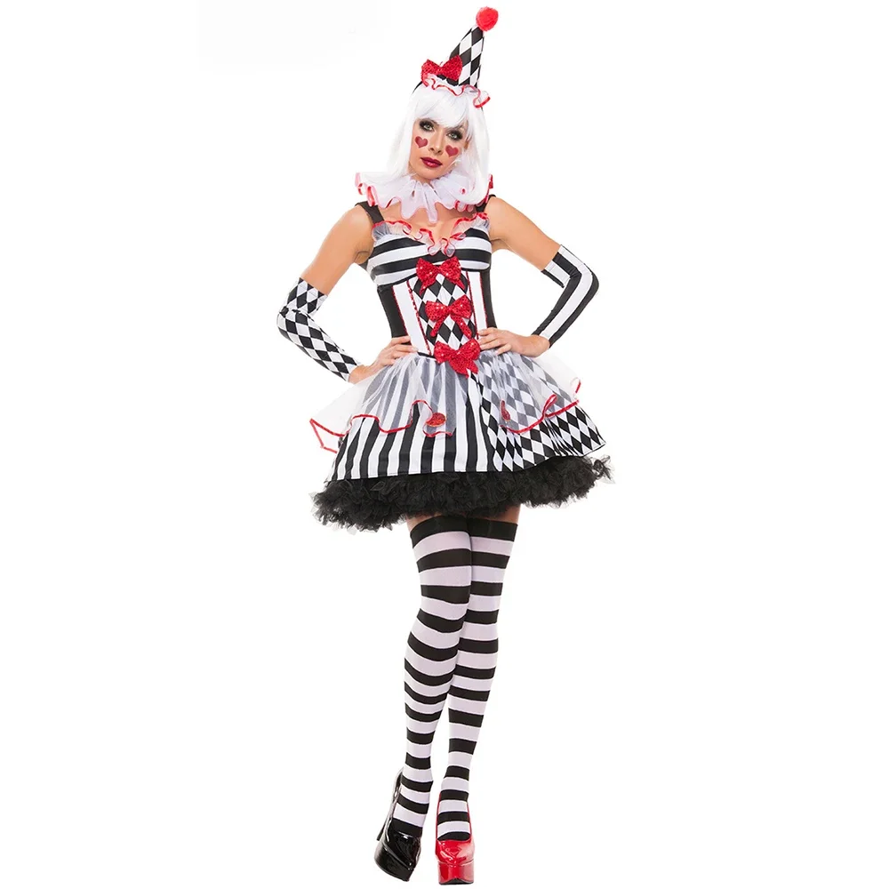 Mini robe de clown LYus irrégulier pour adultes, robe de scène, costume de cosplay d'Halloween, uniforme d'arlequin coquin, grille amusante