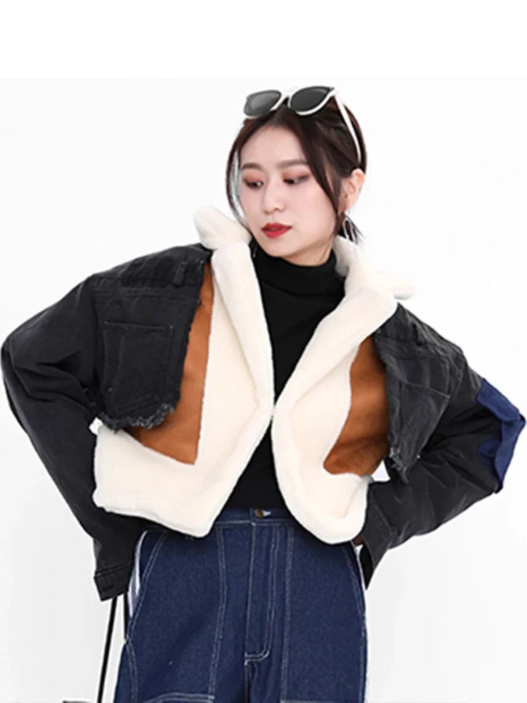 Denim Patchwork Jacket Women Autumn Winter Thick Lambswool Motorcycle Jacket Female Vintage Fashion Turn Down Collar Plush Coat