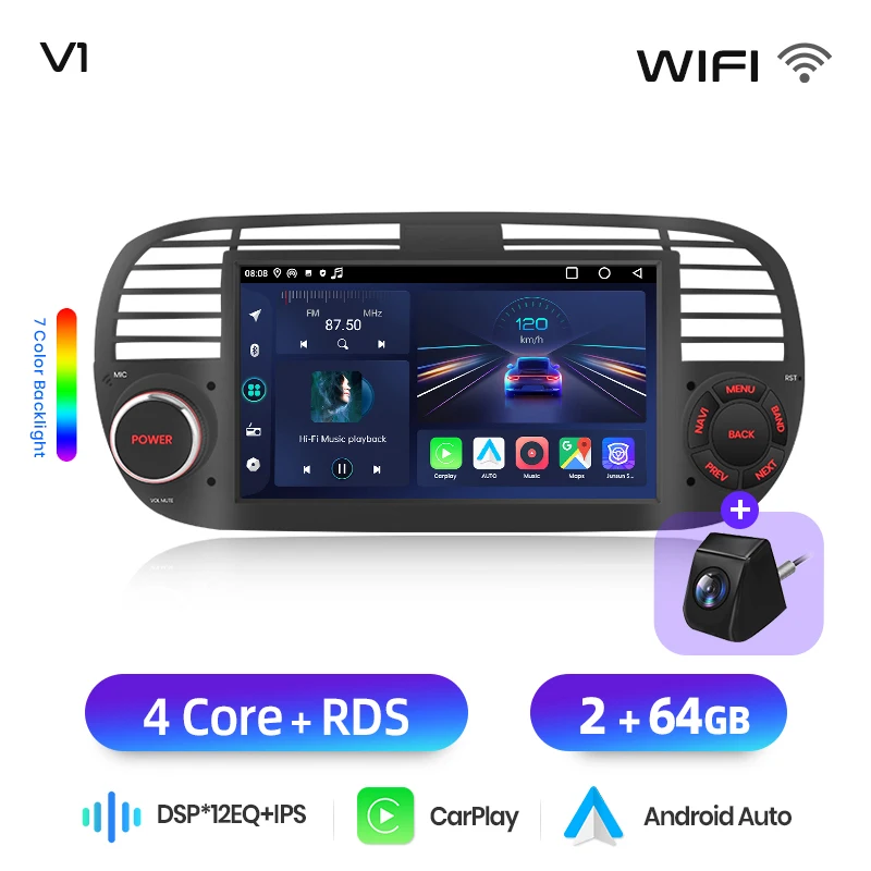 Junsun 7 inch draadloze CarPlay Android Auto autoradio voor Fiat 500 500C Abarth 2007-2015 Multimedia draadloze Apple CarPlay Smart Intelligent Systems IPS touchscreen stereo videospeler 2 Din