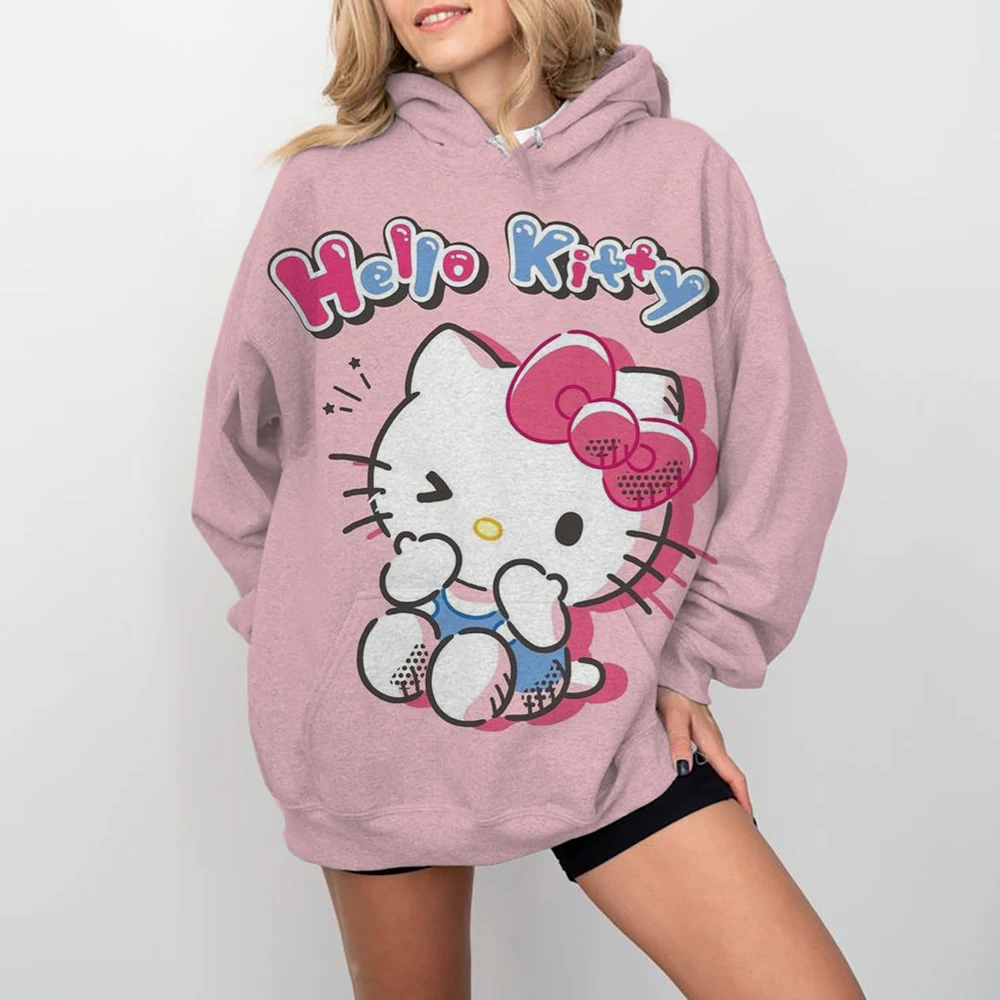 

Women Y2K Hoodies Harajuku Hello Kitty Print Loose Sweatshirt Trousers Hip Hop Punk Long Sleeve Pocket Sweatpant Streetwear Tops