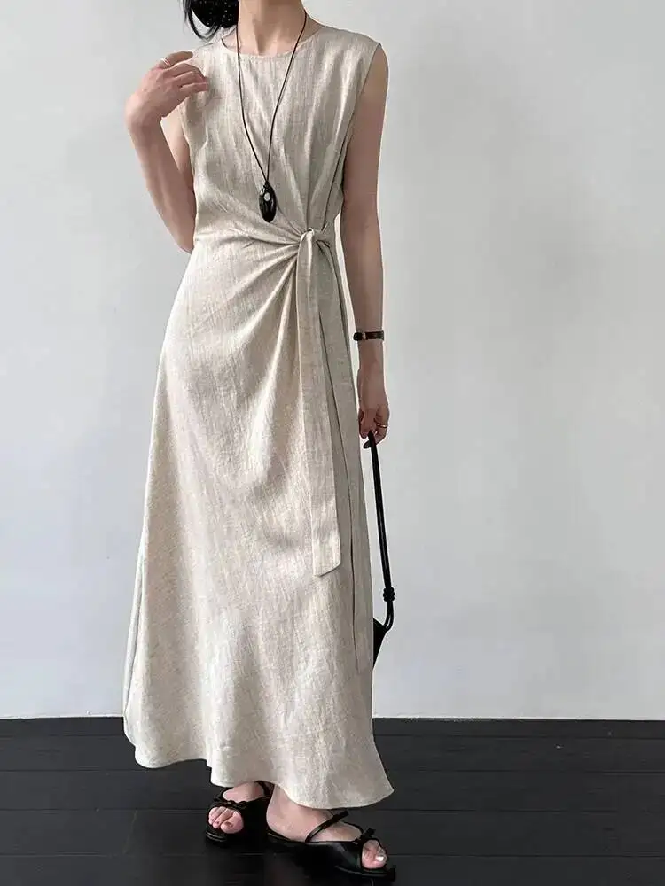 

Women Dark Brown Long Knot Bandage Elegant Vest Dress New Round Neck Sleeveless Fashion Tide Spring Summer
