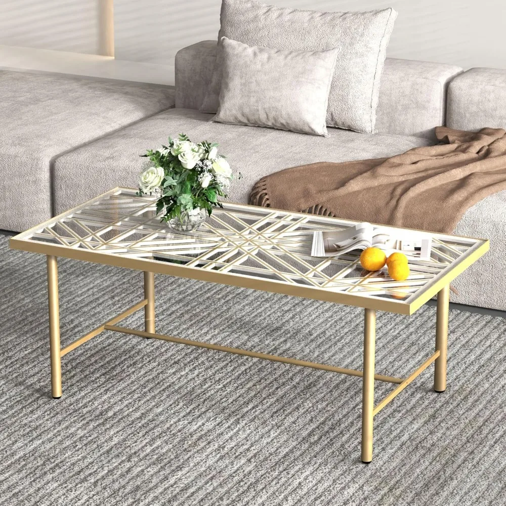 Rectangular Glass Coffee Table, Modern Coffee Table with 3D Hollowed Out Carved Wooden Board, Living Room Gold Coffee Table