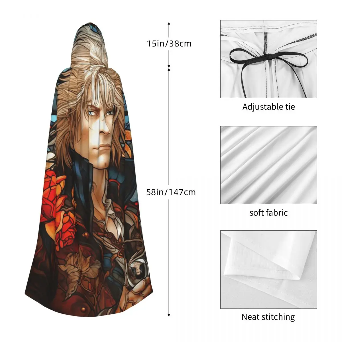 Jareth ملك العفاريت الوقاية في متاهة طويلة مقنعين عباءة الساحرة القرون الوسطى زي تأثيري كيب هالوين مصاص دماء الكبار