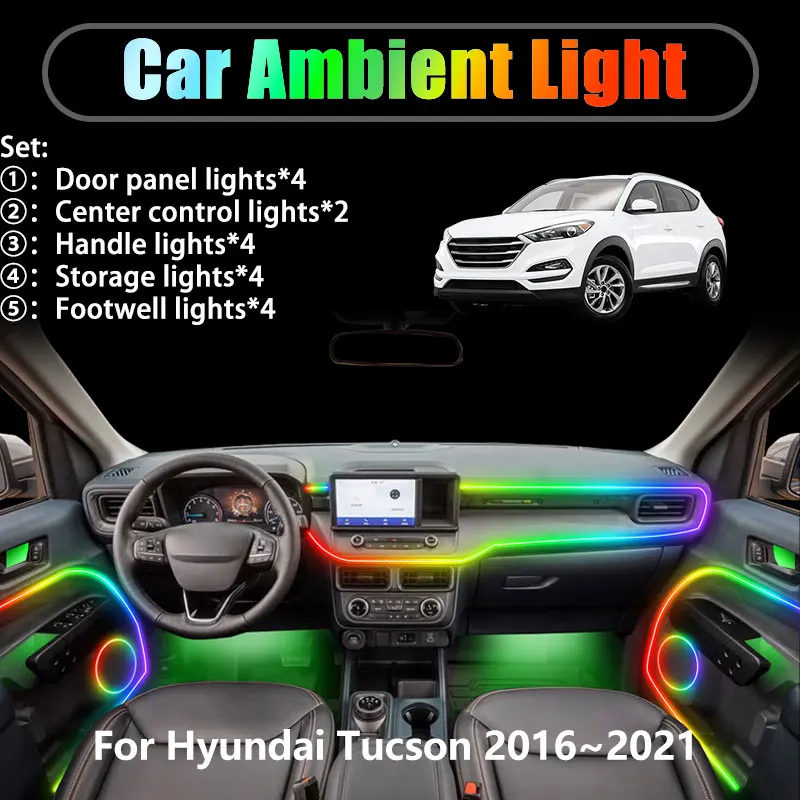 

Для Hyundai Tucson 2016-2021 TL MK3 3-го поколения (2/18 в 1) — комплект светодиодной подсветки салона и багажника с USB RGB и функцией стримера