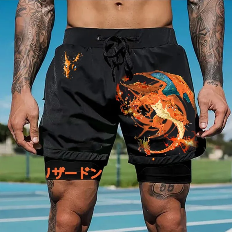 Japanische Anime Pokémon Herren Sommer 2-in-1-Shorts Charizard Graphic Trunks Man Gym Double Deck Shorts Basketball Athletic Shorts