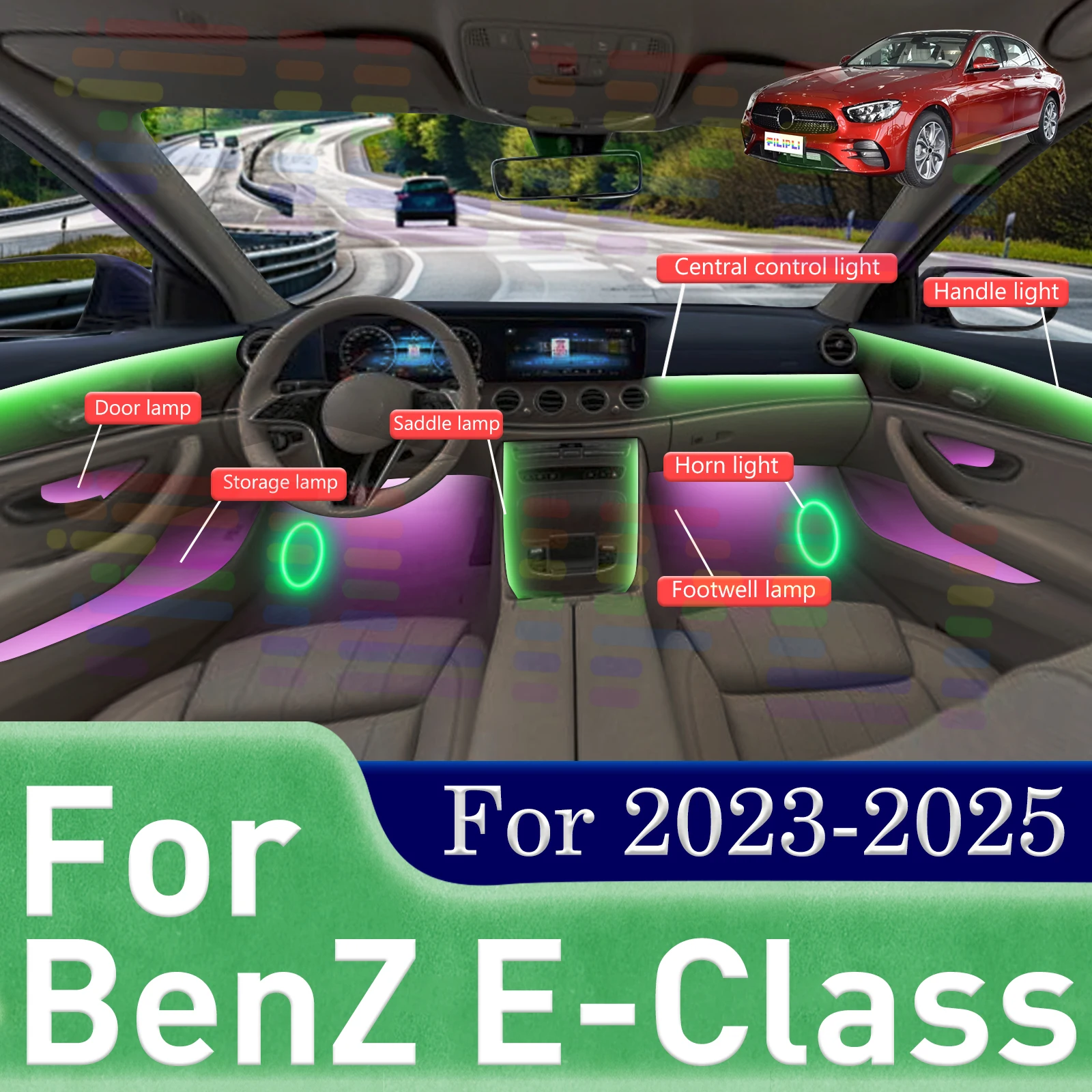 

For Benz CLS-Class E300(2023) Elegant Concealed 64-Color LED Car Interior Ambient Lighting Strips, Acrylic Material & APP-Linked