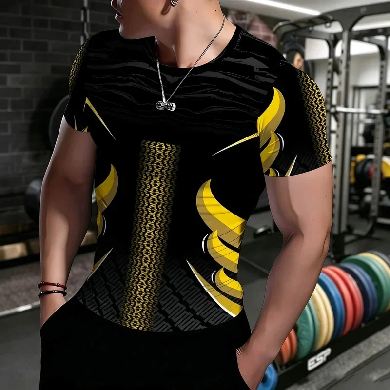 Men's Short Sleeve Running Tshirt Black Gold 3D Curved Mesh Graphic Round Neck Elastic Sweat Wicking Workout Tee