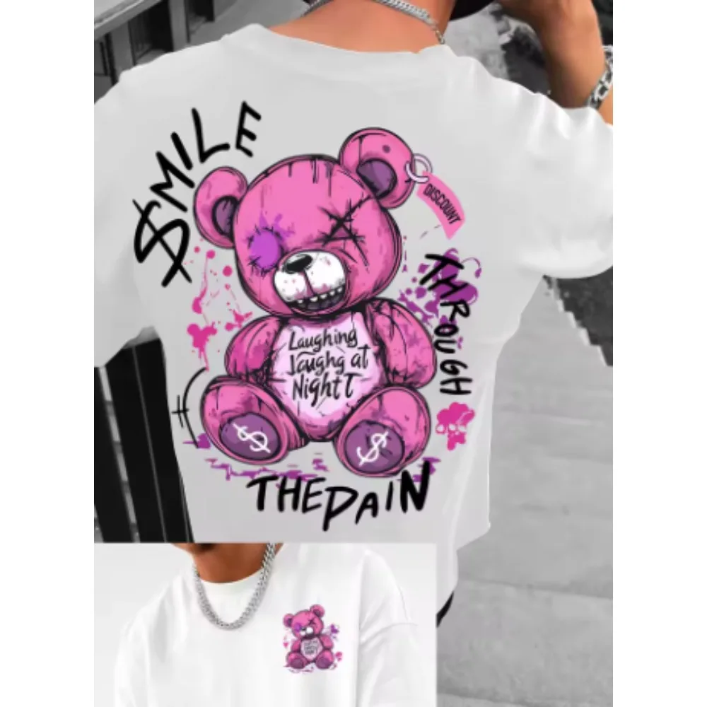 2026 New Trendy Summer Men T-shirt, Teddy Bear & Letter Print, Crew Neck Short Sleeve, High Street Outdoor Top