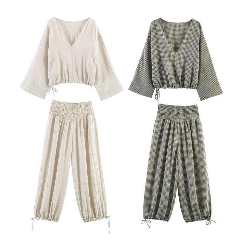 Women Linen Two Piece Set Summer Y2K Outfits Loose V Neck Flare Sleeve Crop Top + High Waist Smocked Wide Leg Pants Set