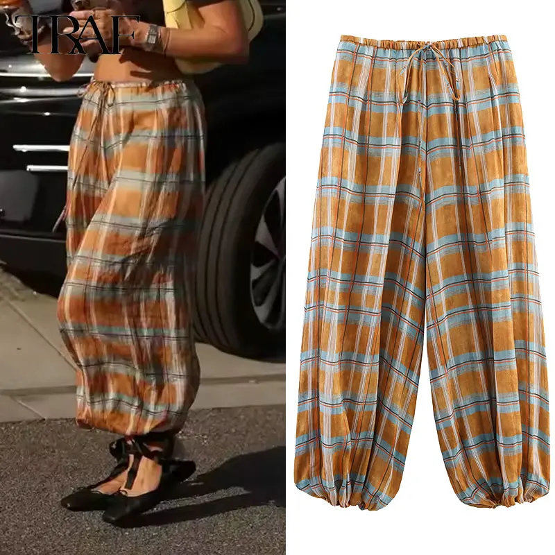 2025, Damenhose, karierte Ballonhose für Damen, mittelhoher, elastischer Kordelzugbund, lockere, bequeme Freizeithose