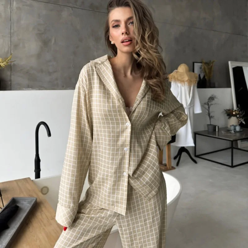 

Summer Autumn New Women's Loungewear Set Soft Breathable Plaid Cotton Long Sleeved Top Trousers Casual Fashion L Size Pajamas