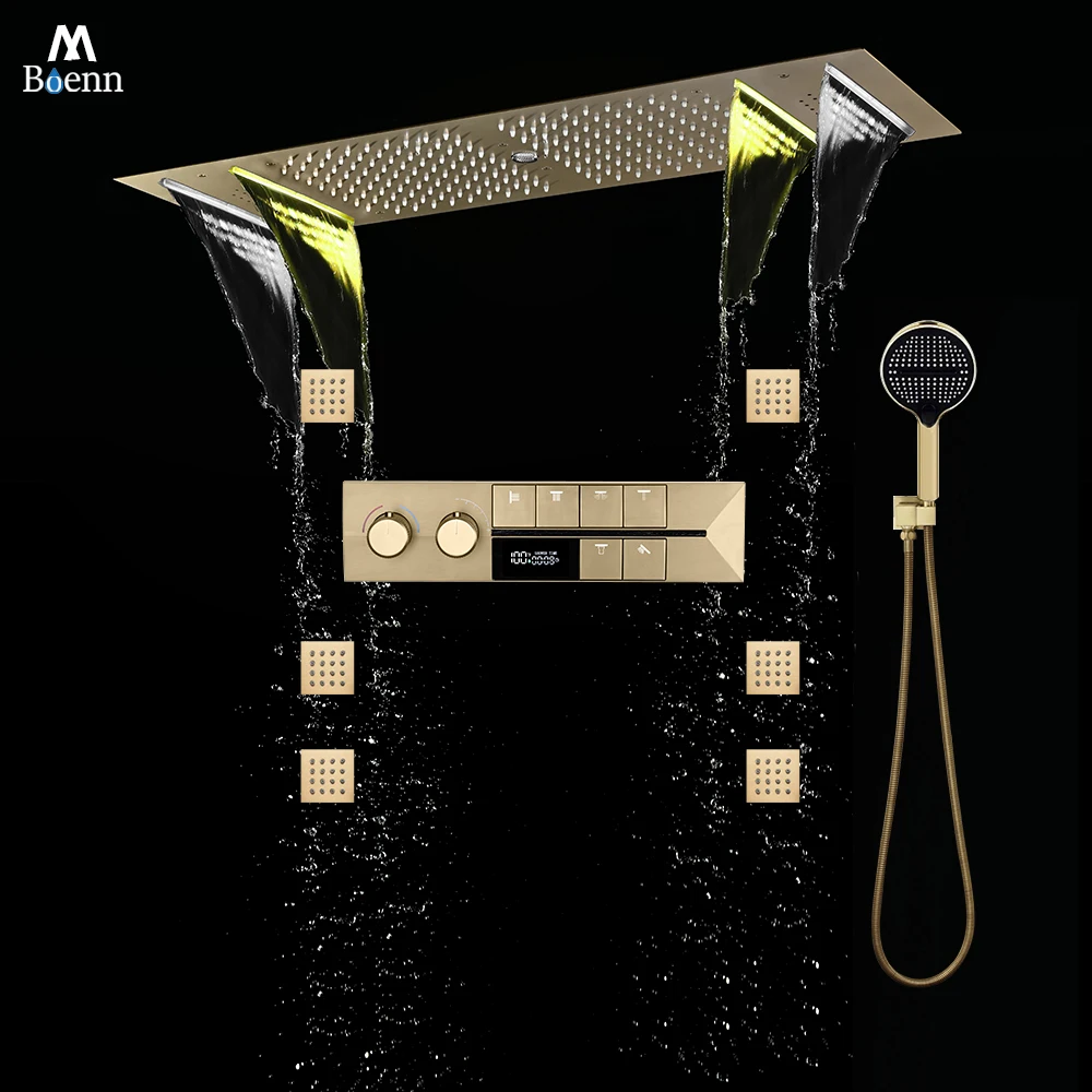 M Boenn 6 Functions Lover Shower Set 35*12 Inch 64-Color Ambient Lighting Couple Shower Head Smart Thermostat Mixer Faucet Brass