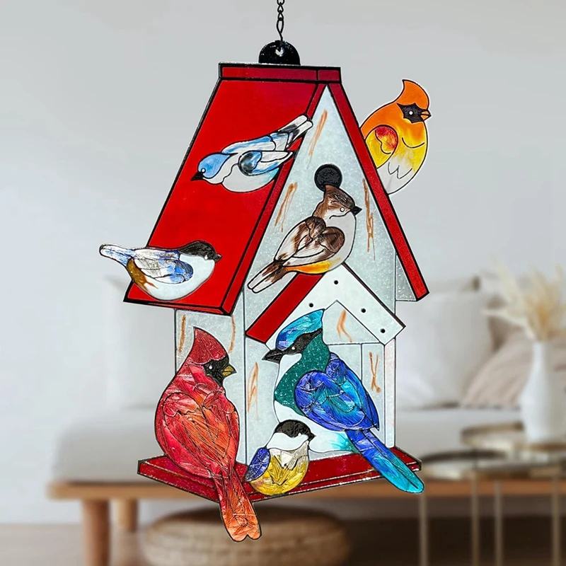 Stained Glass Window Hanging - Sun Catchers Indoor Window Cardinal Gifts,Hand-Painted Stained Glass Birdhouse Suncatcher