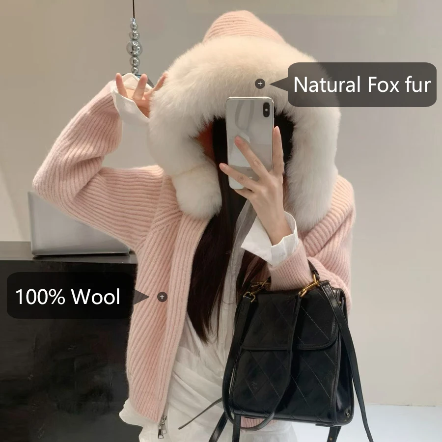 เสื้อฮู้ดดี้คอปกขนสุนัขจิ้งจอกแท้สำหรับผู้หญิง เสื้อแคชเมียร์ ฤดูใบไม้ร่วง ฤดูหนาว สไตล์ใหม่ เสื้อแจ็คเก็ตขนแคชเมียร์