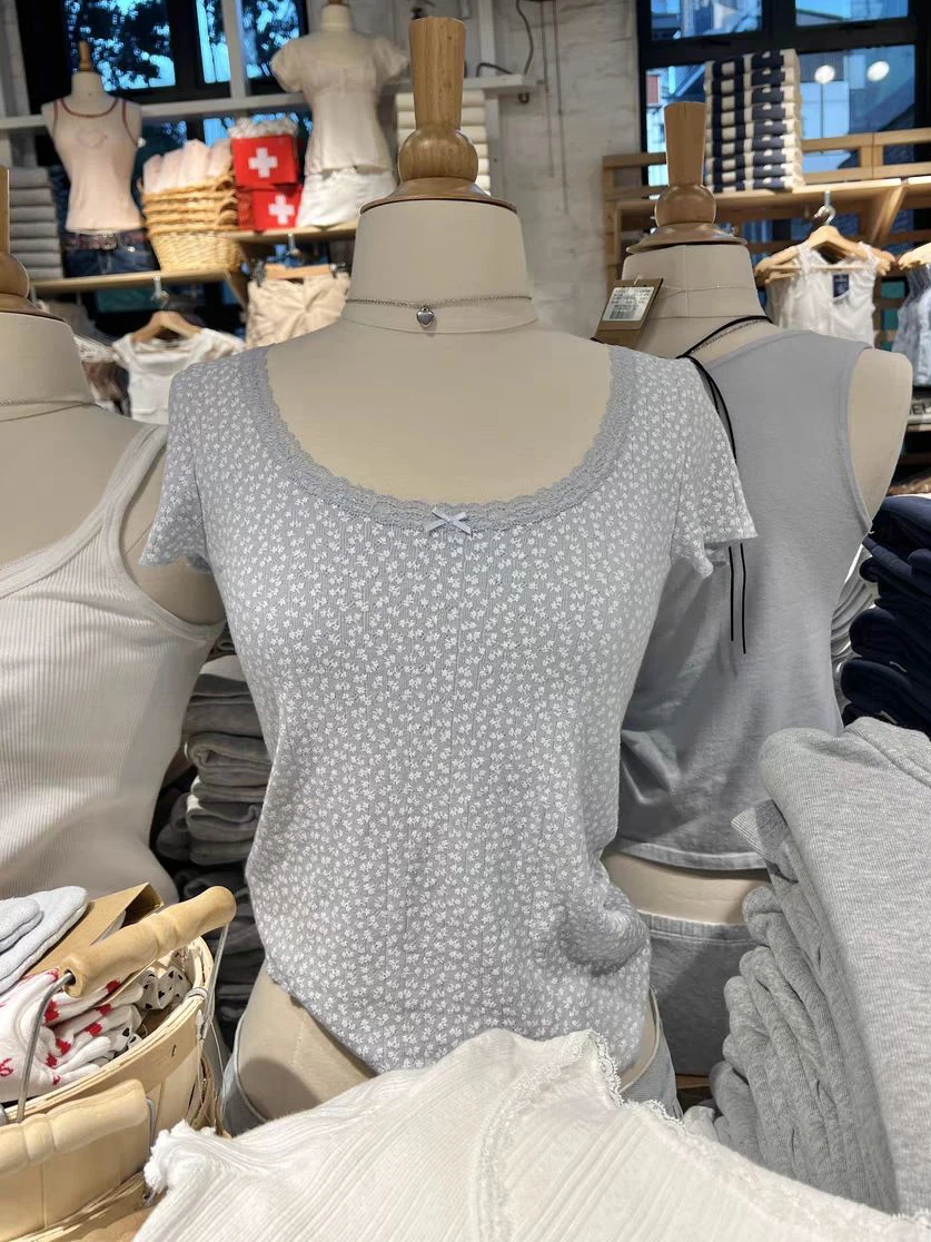 

White Floral Print Blue T-shirt Women Bow Lace Trim Scoop Neck Slim Tee Shirts Summer Sweet Cotton Casual Short Sleeve Tops Tees