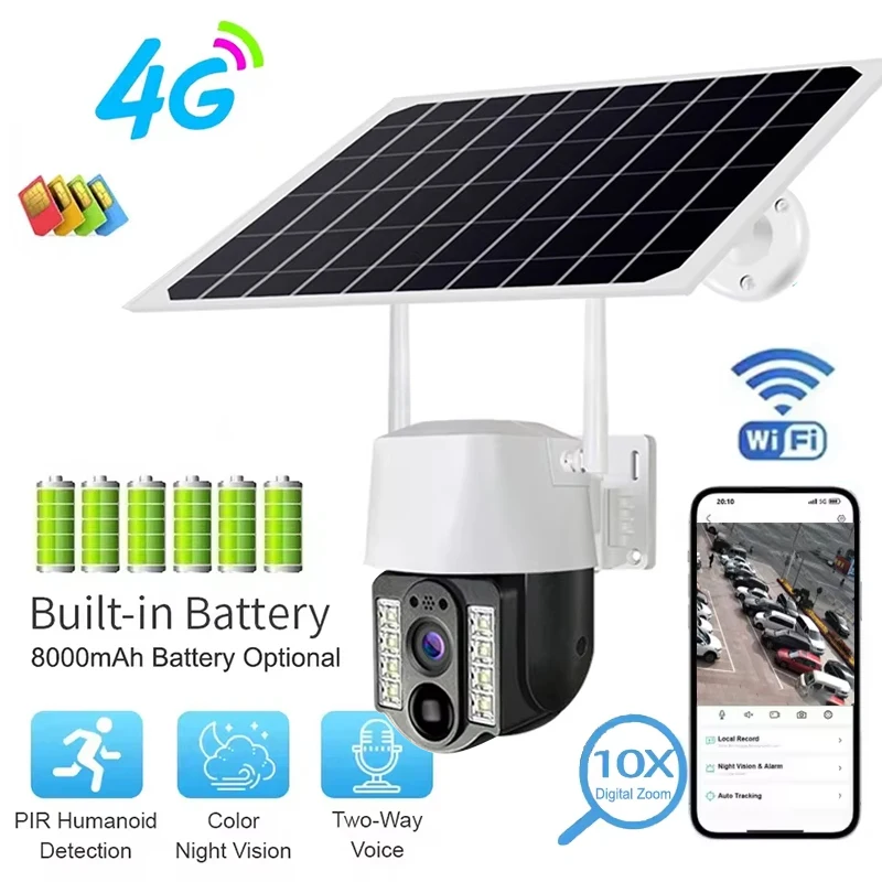 

4G Sim Солнечная камера Открытая Беспроводная IP-камера Маломощный аккумулятор PIR Обнаружение движения Водонепроницаемая CCTV Защита дома