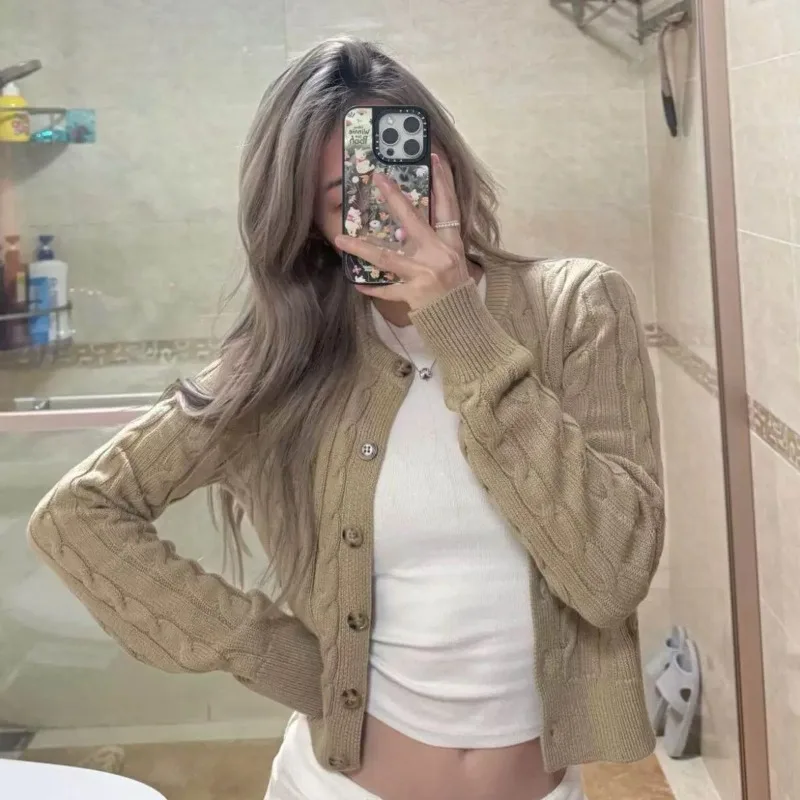Old Money Style Khaki Twist Single-breasted Knitted Cardigan Womens Spring Autumn and Winter Advanced Sense Thin Sweater Jacket