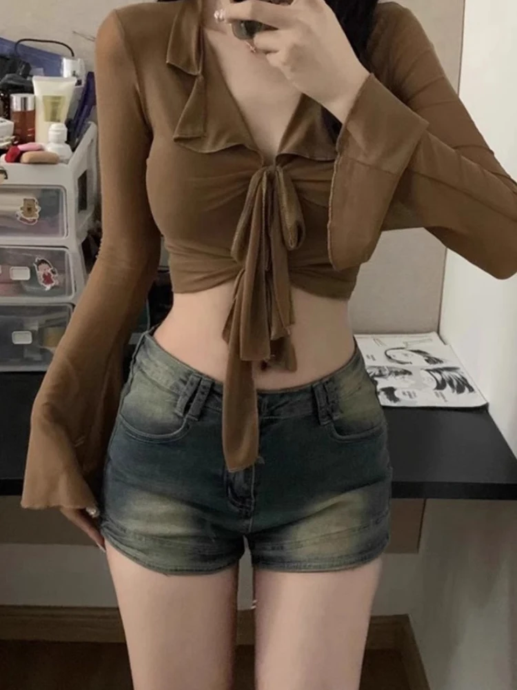 

Retro American High Street Denim orts Women's Spring Thin Sexy High Waist Slimming A-Line Hot Pants Worn-look Summer Jeans