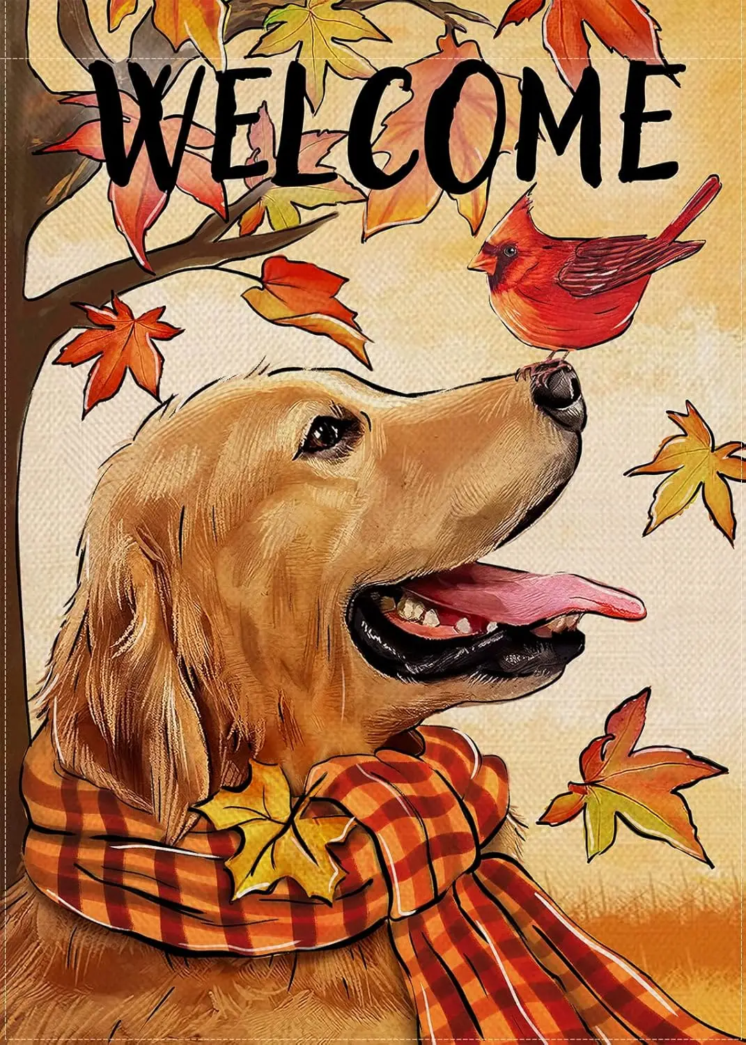 Selmad Welcome Fall Golden Retriever Dog Decorative Garden Flag, Autumn Cardinal Red Bird Maple Leaves Puppy Home Yard Outdoor D