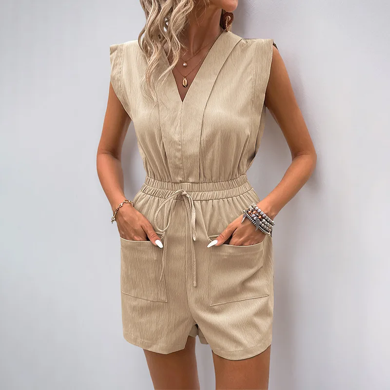 

2025 Summer New European Sleeveless Simple Lace-up Jumpsuit Pocket V-neck Solid Color Casual Short Jumpsuit
