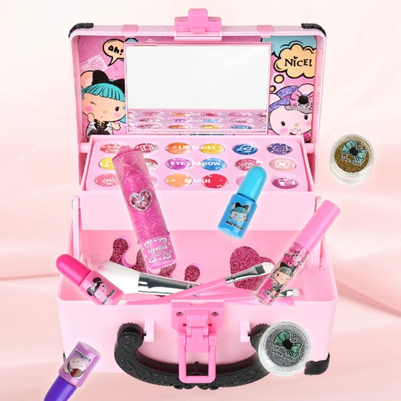 Kit trucco per bambini per ragazza giocattolo cosmetico Set di bellezza rossetto ombretto con scatola trucco portatile Set di giocattoli per il trucco per bambini