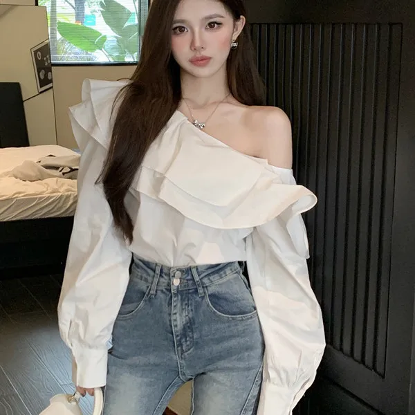 

Fashion Slash Neck Off Shoulder Ruffles T-Shirt Women's Clothing 2024 Spring Summer New Loose Korean Tops Office Lady Tee Shirt