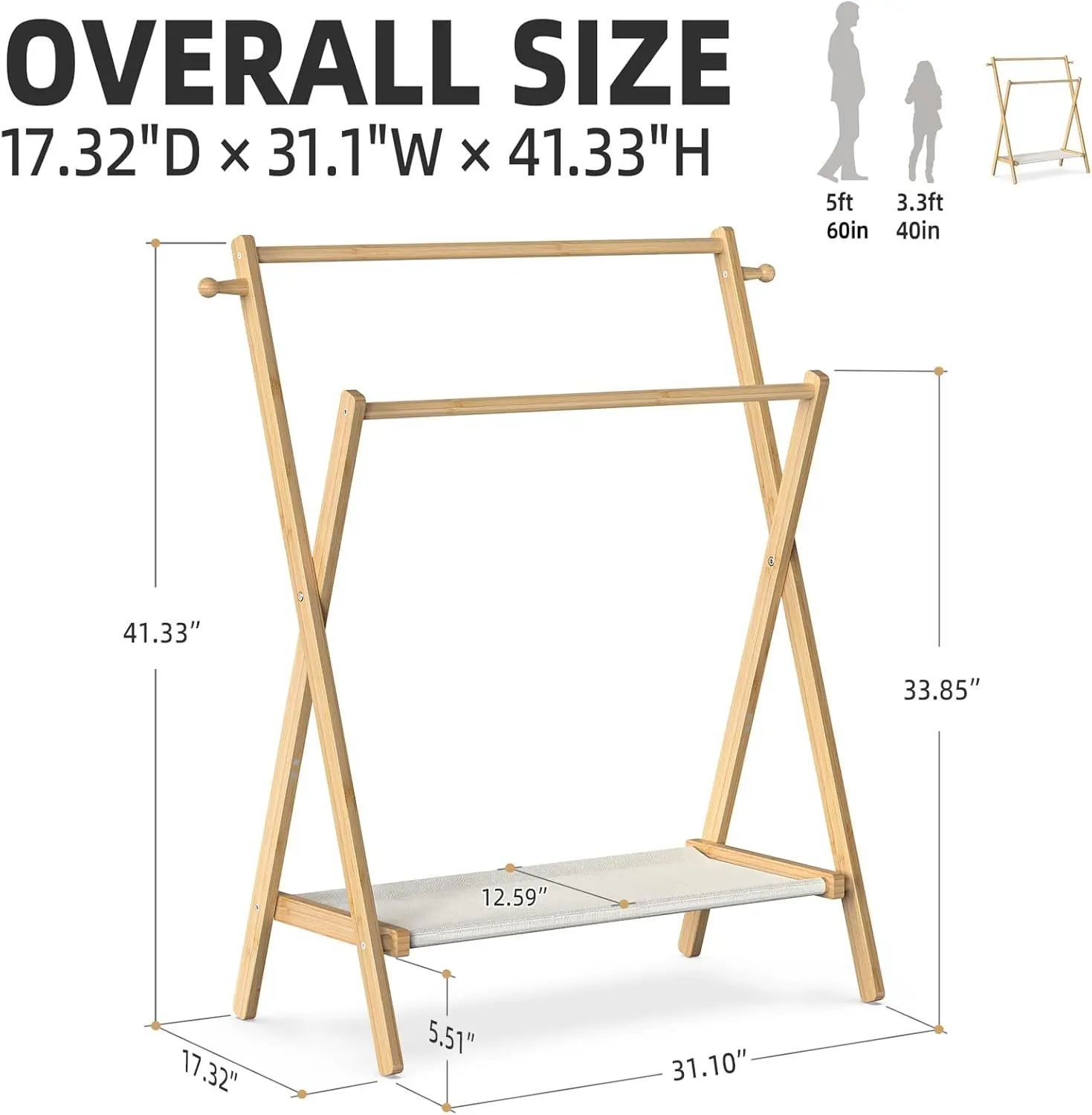 Foldable Kids Clothes Rack with Storage Shelf & Double Rods for Nursery and Playroom