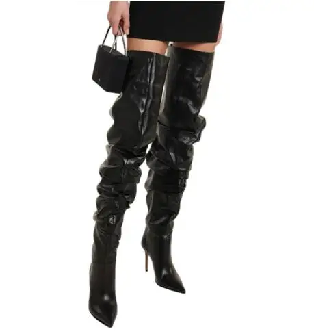 Hot Ladies Black Red Matte Leather Pointed Toe Pleated 9 CM Stiletto Heels Over The Knee Boots Women Thigh High Botas Shoes