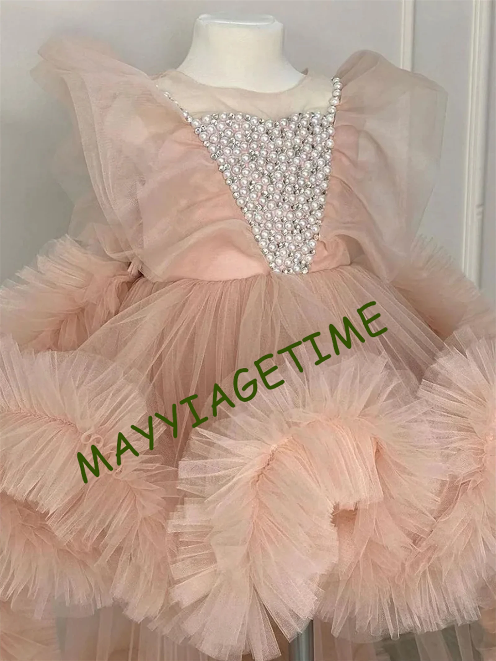 Robes bouffantes en tulle brodé pour filles, col rond, manches courtes, robes bouffantes de demoiselle d'honneur, robe Bob mignonne pour bébé fille, robes de soirée de mariage