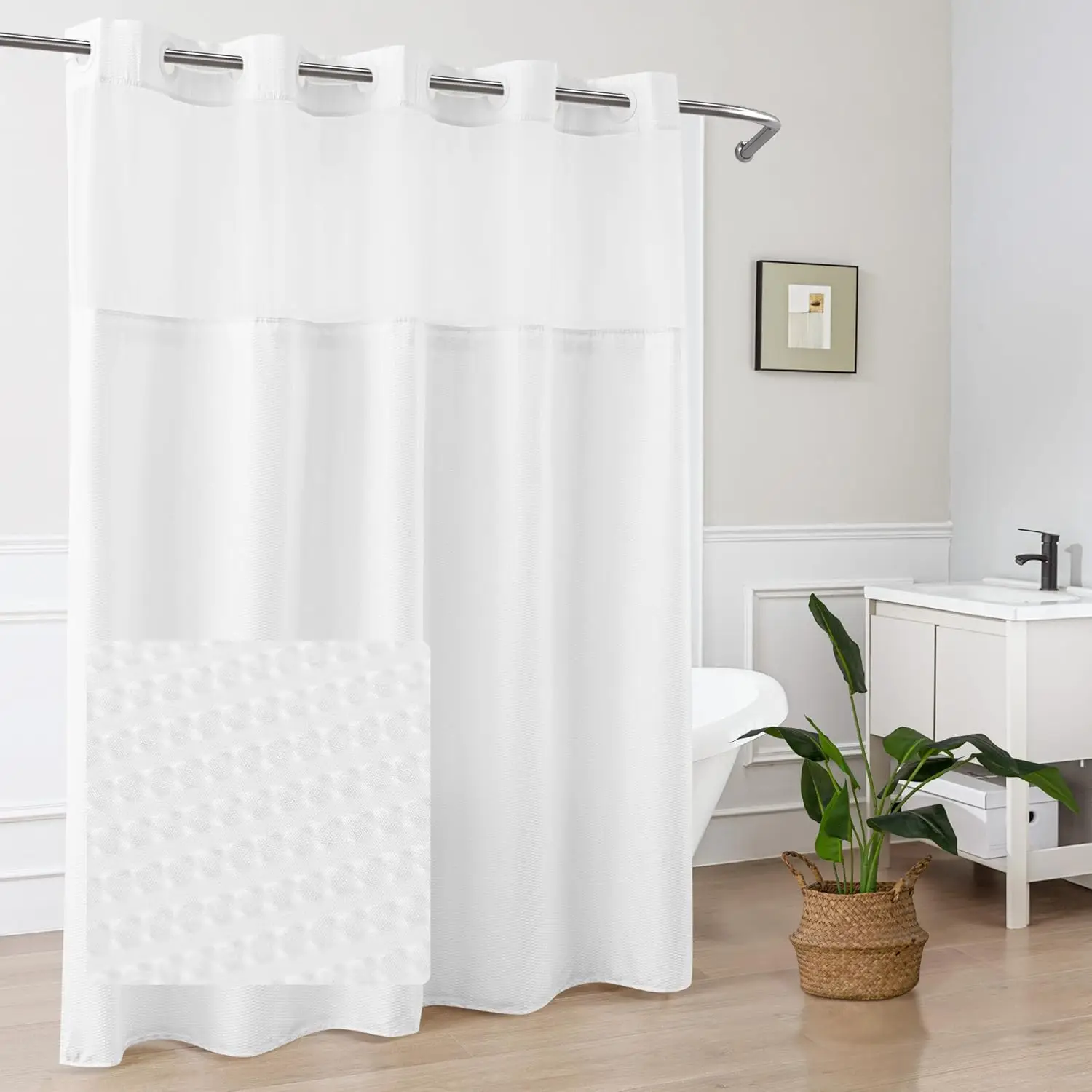

No Hook Shower Curtain with Snap-in Liner, Embossed Waffle Textured Fabric, Washable Soft & Lightweight, 71x74 White