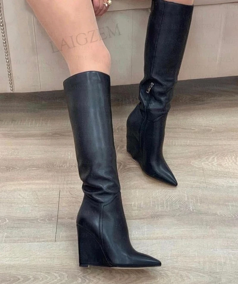 BERZIMER Women Knee High Boots Zip Up Pointed Toe Wedges Heels Tall Boots Faux Leather Ladies Shoes Woman Big Size 41 44 46 47