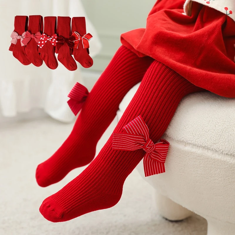 Baby Knee High Socks Winter Autumn Kids Cotton Big Bow Red Christmas Sock Leg Warmers Girls Toddler Long Socks For 6M-3Y