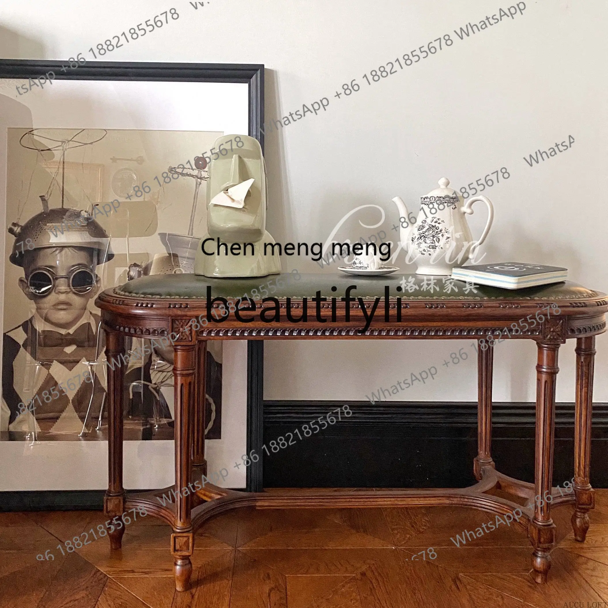 

178French medieval solid wood porch stool//retro carved strip case/American carved fitting stool