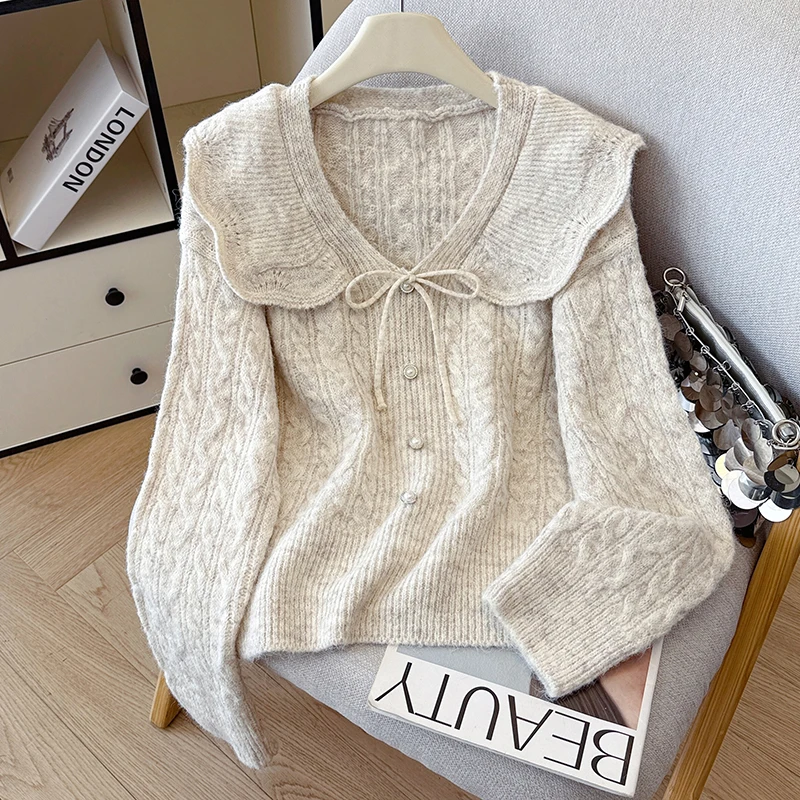 Moda coreana gola de boneca camisola mulher inverno babados arco malhas pullovers outwear malha topos bege roxo jumper feminino