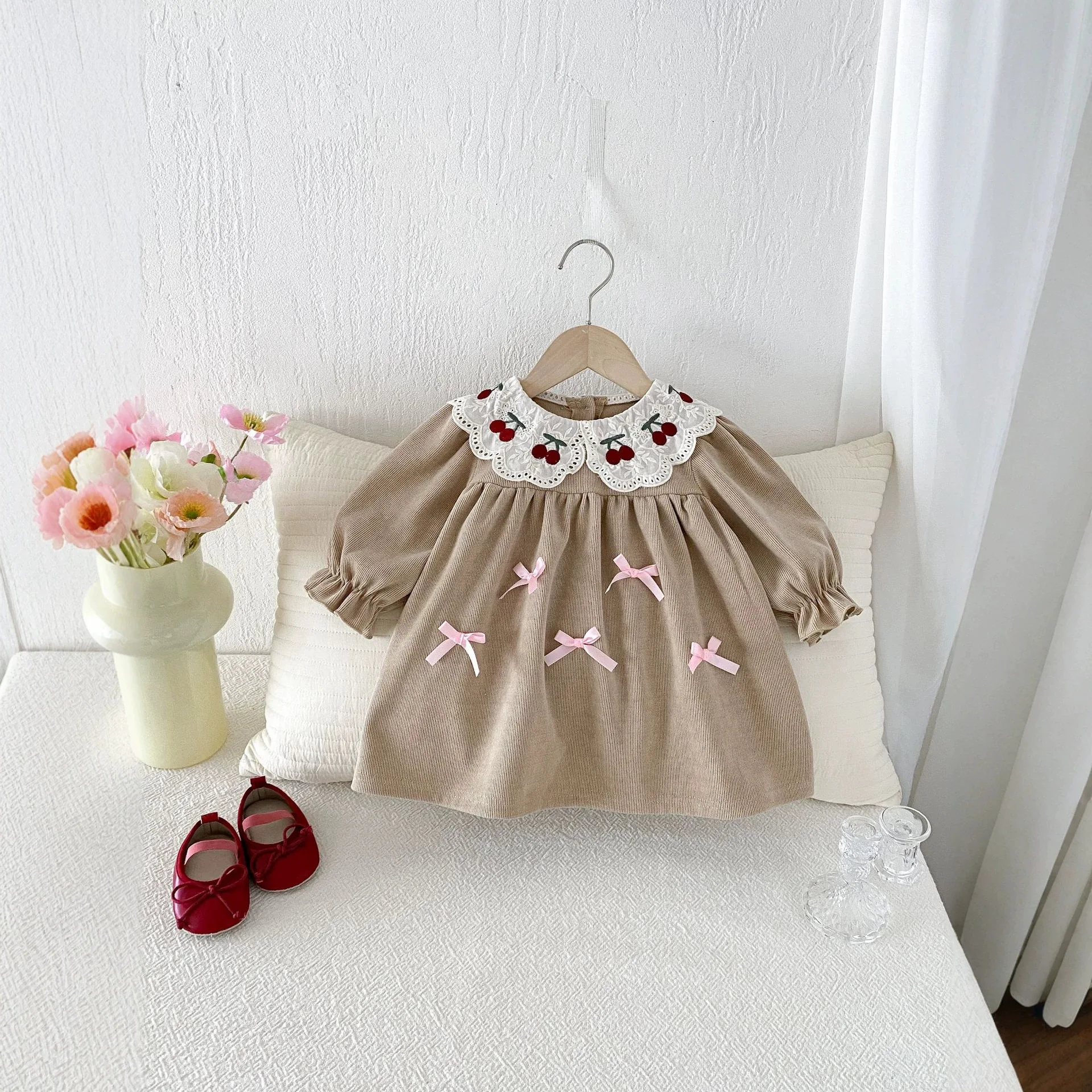 2026 New Autumn Girls Cherry Embroidery Dress | Korean Style Princess Gown | Cute Going Out Outfit