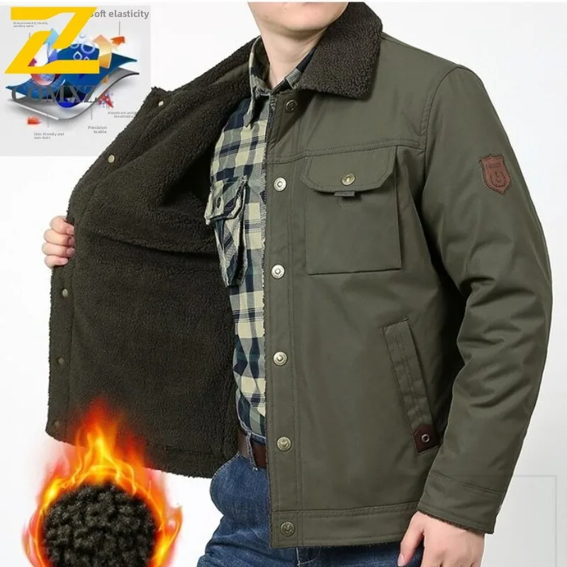 

COMXZ 2025 New Autumn Winter Fleece Lined Thickened Washed Jacket Men Loose Fit Warm Thermal Casual Lapel Cotton Coat Plus Size