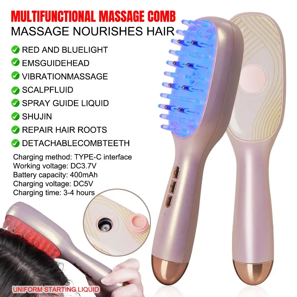 New EMS Electric Massage Comb Spray Comb Head Acupoint Medicine Comb Red Blue Light Therapy Device Anti-Hair Loss Brush