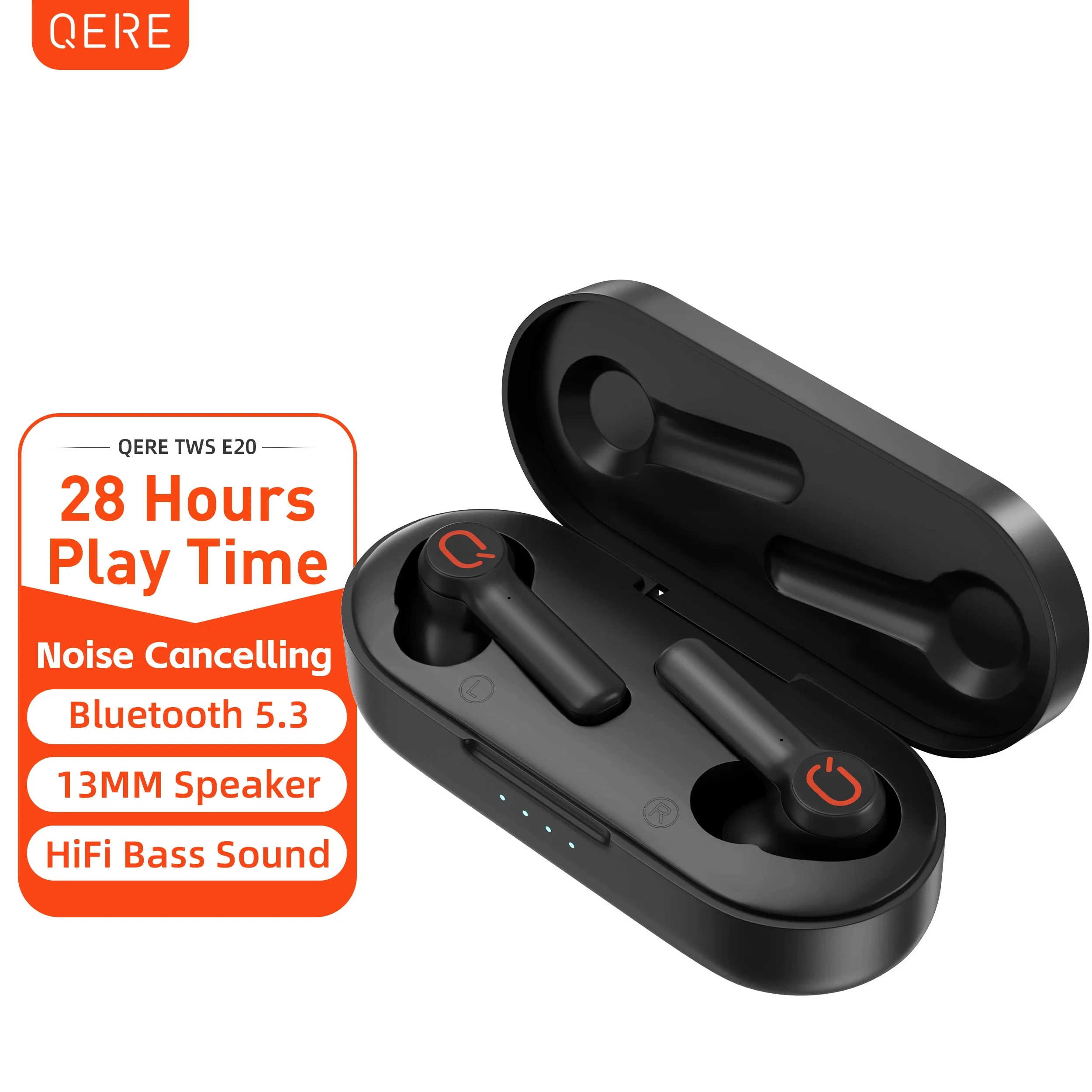 QERE E20 Wireless Headphones, TWS Bluetooth 5.3,HD Microphone,HIFI Earphones 28H,13mm Driver,Touch control,4 Mics, ENC Call, New