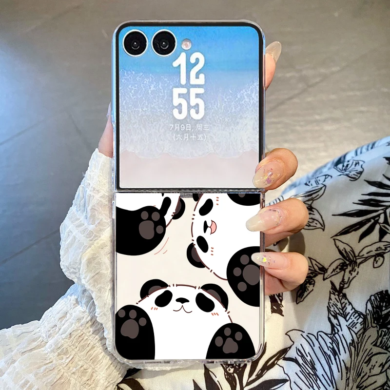 Cute Panda Print Phone Case For Samsung Galaxy Z Flip 8 7 FE 6 5 4 3 5G Hard Transparent Folding Cover For Samsung Z Flip7 Flip8