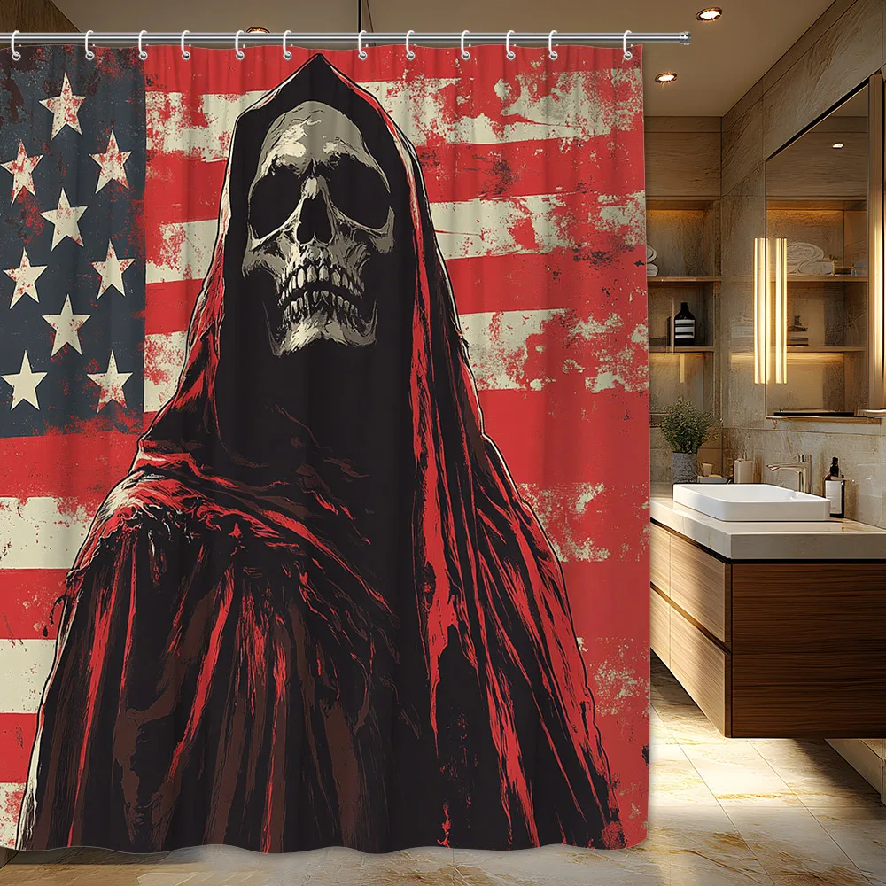 

1pc Gothic Skeletal Figure Shower Curtain - Hooded Cloak with Red Roses & Black Umbrella, Moody Twilight Cobblestone Path Design